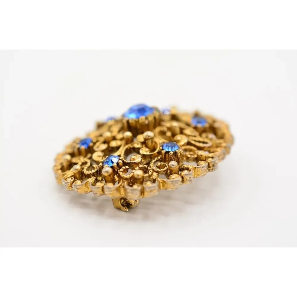 JJ Vintage Pin Brooch Blue Rhinestone Crystal Antiqued Gold Signed 1980s Bin7